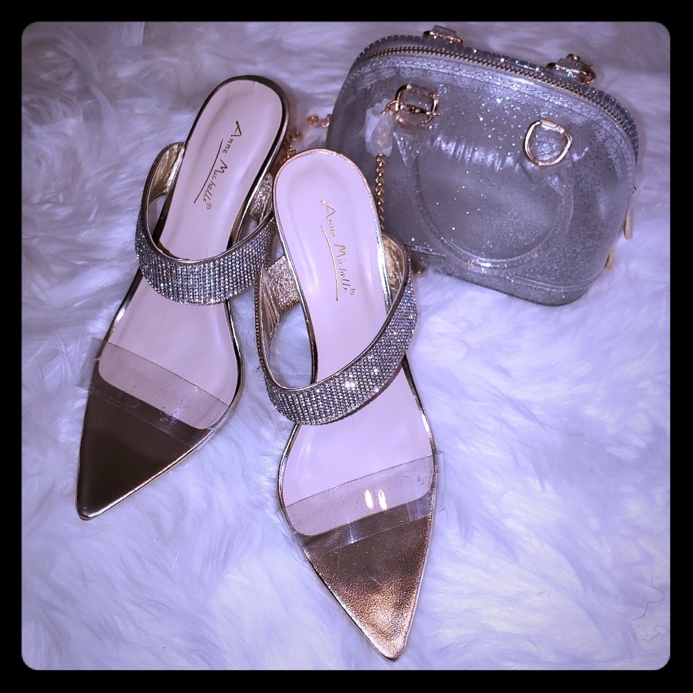 Silver and gold heels and matching mini purse
